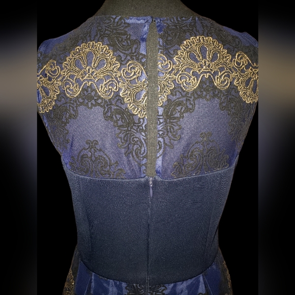 Studio One Navy Blue Dress w/ Black & Gold Embroidered Lace Overlay (Size 6) - Picture 11 of 16